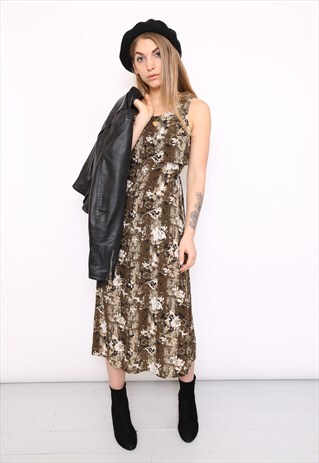 VINTAGE 90S BROWN BOHO PRINT MIDI DRESS
