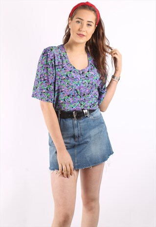 VINTAGE 80S CROPPED BLOUSE IN PURPLE FLORAL PRINT