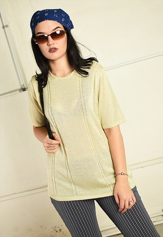 VINTAGE 90S RETRO SHEER KNITTED TOP IN BEIGE