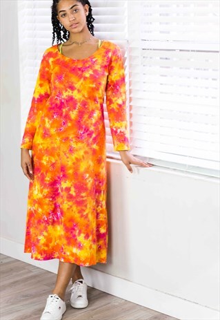 VINTAGE FLORAL TIE DYE LONG T-SHIRT DRESS 90S M 14.8