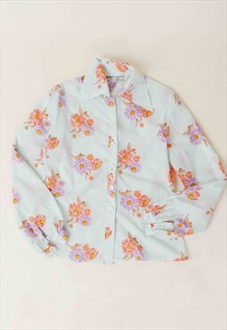 Vintage 70s Boho Floral Long Sleeve Arrow Collar Shirt Women