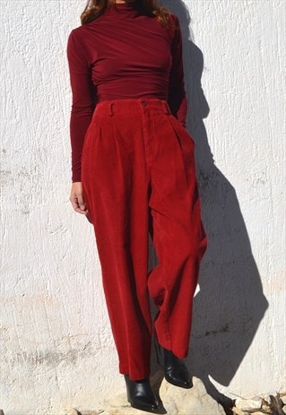 Vintage red corduroy pleated wide-tapered leg trousers