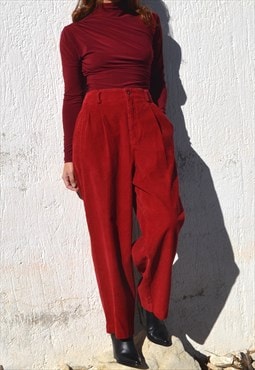 Vintage red corduroy pleated wide-tapered leg trousers