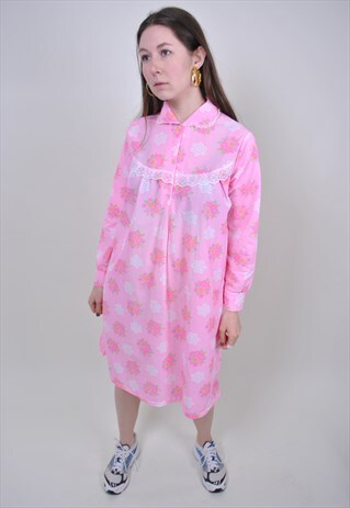 80S LACE PINK NIGHTGOWN, VINTAGE FLORAL PRINT NIGHTSHIRT