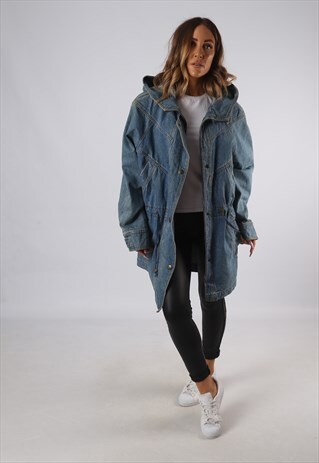 VINTAGE DENIM PARKA JACKET OVERSIZED LONG HOODED UK 14 (JQDB