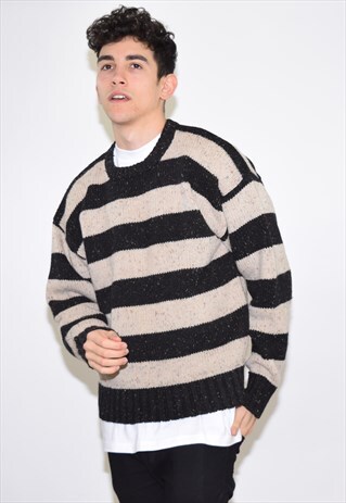 VINTAGE 90S BEIGE BLACK STRIPED CREW NECK JUMPER