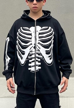 Black Skeleton Graphic Cotton oversized Zip Up Hoodie