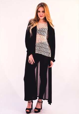 CHIFFON KNITTED LONG CARDIGAN IN BLACK BURGUNDY