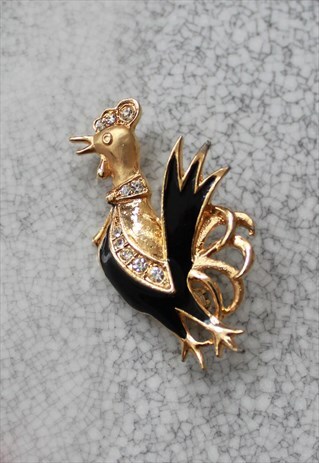 ROOSTER GOLD BLACK BROOCH