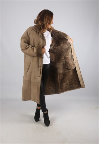 VINTAGE SHEEPSKIN SUEDE SHEARLING COAT LONG UK 16 - 18 (K9BQ