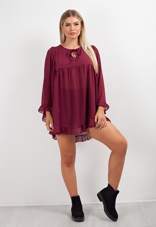 BURGANDY POLKA FLOUNCE MINI DRESS