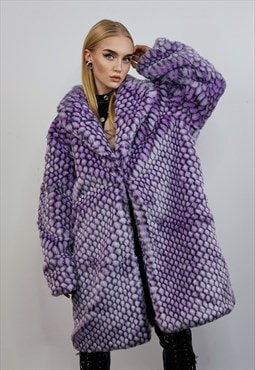 Checked faux fur long coat geometric fleece rave trench
