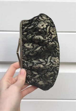 WOMENS VINTAGE 50S PURSE GOLD BLACK FLORAL CLUTCH PATTERNED