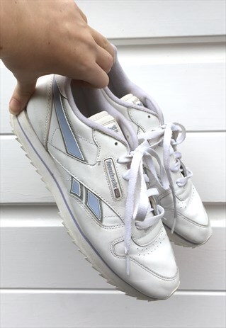 WOMENS WHITE BABY BLUE REEBOK CLASSIC TRAINERS SHOES