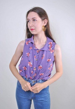 80S SLEEVELESS PURPLE BLOUSE WITH FLOWERS PRINT