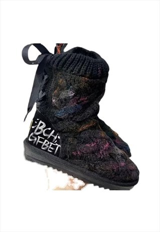 CUSTOMIZED EMOJI KNIT BOOTS FELT SMILE CHAIN SHOES IN BLACK