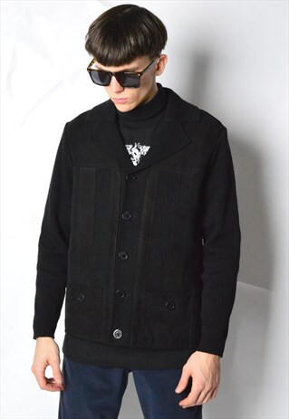 VINTAGE 70S BLACK LEATHER WOOL MIX CARDIGAN JACKET