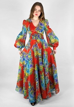Puszta Vintage 70's Red Bell Sleeve Floral Maxi Dress
