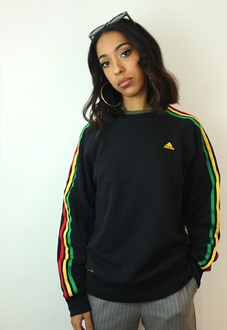 ADIDAS BLACK SWEATSHIRT WITH RED, YELLOW & GREEN STRIPES, M