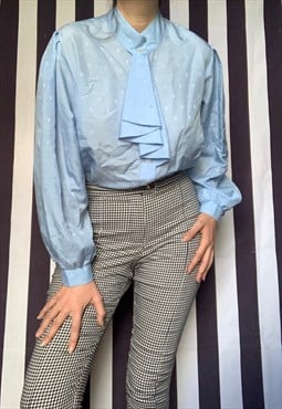 Vintage 80s blue jabot neckline blouse, uk18/20 plus size