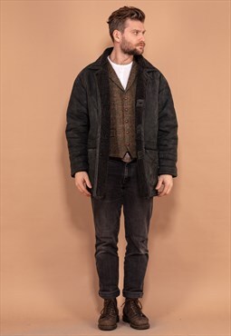 Vintage 90's Men Leather Winter Coat in Black