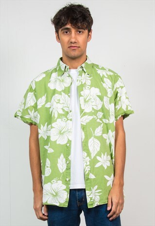 VINTAGE HAWAIIAN SHIRT GREEN FLORAL PATTERN