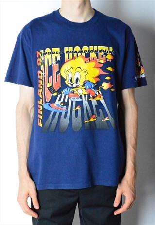 VINTAGE 90S NAVY BLUE FINLAND HOCKEY FLAME T-SHIRT