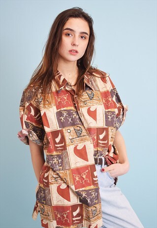 90'S RETRO ABSTRACT PRINT OVERSIZED SHIRT BLOUSE TOP