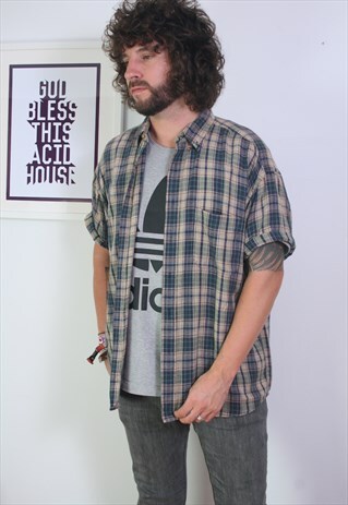 VINTAGE FLANNEL THICK CHECK SHORT SLEEVED SHIRT , XL