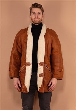 Vintage 80's Men Sheepskin Leather Coat in Caramel Brown