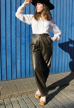 Dark Brown Real Leather Tapered Leg High Rise Trousers