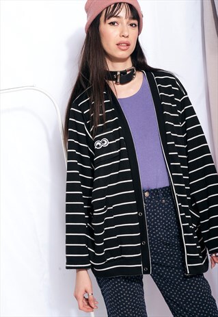 VINTAGE STRIPED CARDIGAN 90S ROLLING EYES PATCH KNIT SWEATER