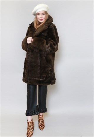 VINTAGE 1980'S PREMIUM BROWN FAUX FUR COAT