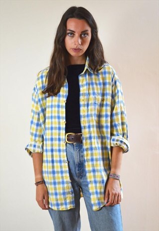 90'S VINTAGE YELLOW AND BLUE FLANNEL SHIRT