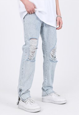 Blue Washed Distressed Pants Jeans Trousers Y2k