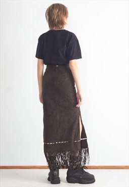 Vintage Brown Lambs Leather Long Fringed Skirt 