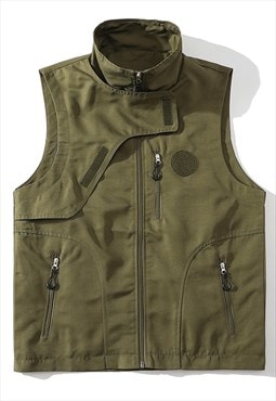 Raised neck sleeveless jacket utility workwear vest tank top