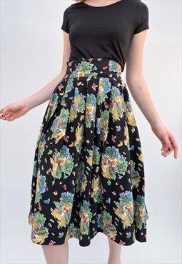 50's Ladies Vintage Black Printed Cotton Circular Skirt