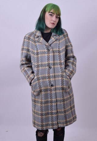 VINTAGE 60'S CHECKED WOOL MIX GRANNY COAT SIZE 12 14 16