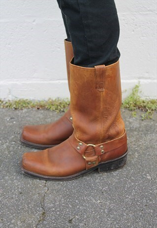 VINTAGE 90S TAN LEATHER HIGH WESTERN/BIKER RING BOOTS UK11