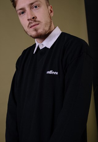 BLACK LONG SLEEVE TSHIRT POLO RUGBY SHIRT EMBROIDERED LOGO