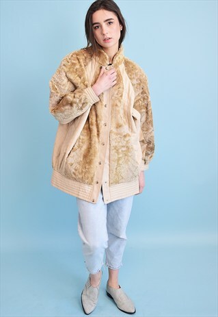 80'S RETRO FAUX LEATHER & FAUX FUR SHEARLING BOMBER JACKET