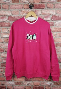 Vintage Cute Pink Penguin Applique Christmas Sweatshirt