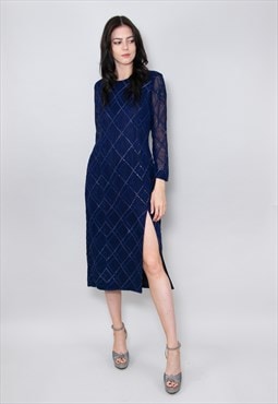 70's Vintage Blue Long Sleeve Lurex Ladies Midi Dress