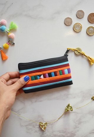 MULTICOLOR BLACK PLEATED CARD HOLDER WALLET COIN PURSE VEGAN