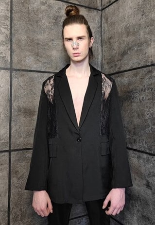 Transparent mesh blazer reworked see-through jacket in black