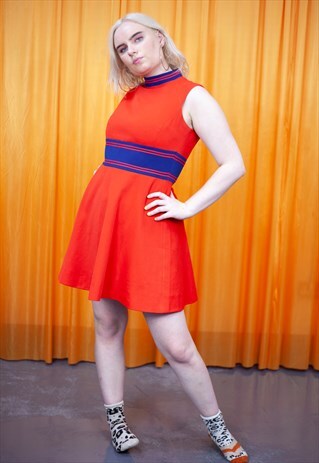 VINTAGE 80S MINI DRESS RED NAVY BLUE STRIPED SLEEVELESS