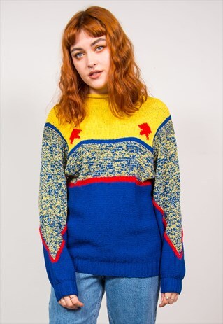 VINTAGE 90'S YELLOW & BLUE STAR KNIT JUMPER