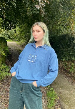 Vintage 90s Size small Floral Embroidered Sweatshirt In Blue
