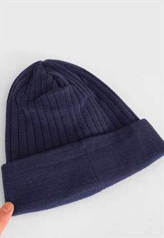 TURN UP THINSULATE LINED RIBBED BEANIE HAT - NAVY BLUE